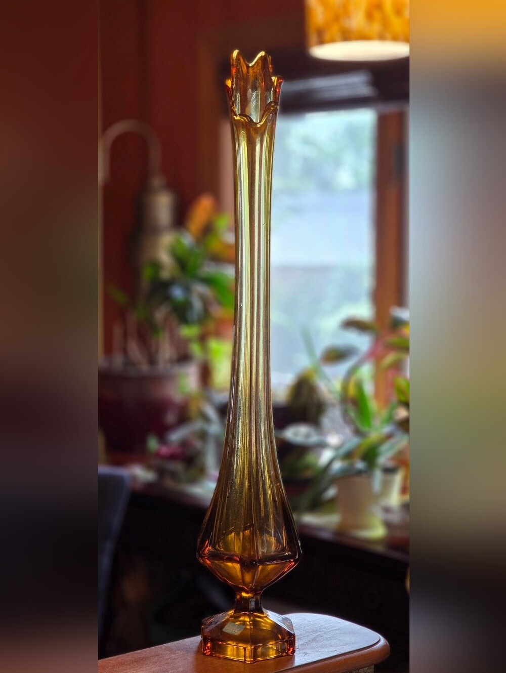 VNTG MCM Viking Swung Hexagonal Footed Vase, Amber Glass Extra Large Table/Floor